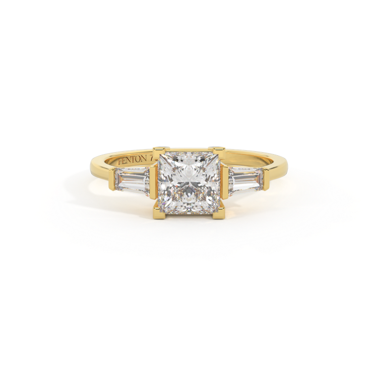 Naturally Mined Diamond Trilogy Princess Cut Diamond 18k Yellow Gold Ring with Tapered Baguette Accents