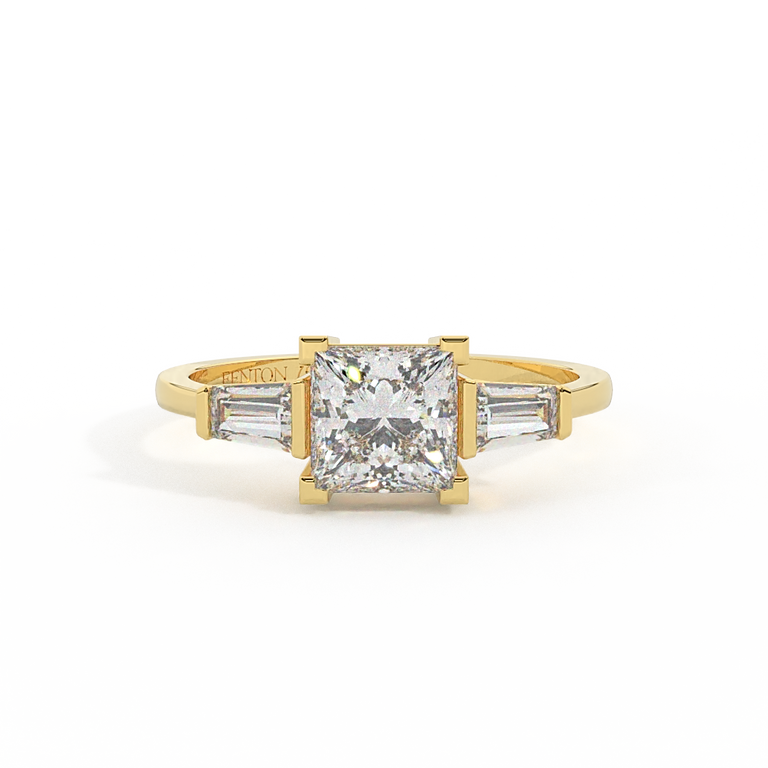 Lab Grown Diamond Trilogy Princess Cut Diamond 18k Yellow Gold Ring with Tapered Baguette Accents