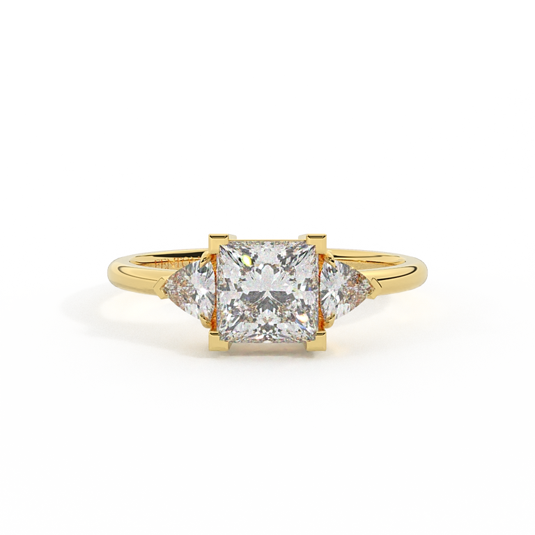 Lab Grown Diamond Trilogy Princess Cut Diamond 18k Yellow Gold Ring with Trillion Accents