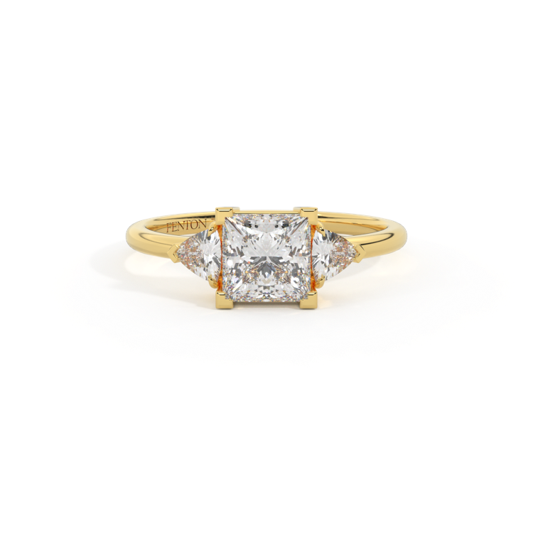 Naturally Mined Diamond Trilogy Princess Cut Diamond 18k Yellow Gold Ring with Trillion Accents