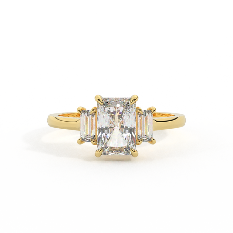 Lab Grown Diamond Trilogy Radiant Cut Diamond 18k Yellow Gold Ring with Baguette Accents