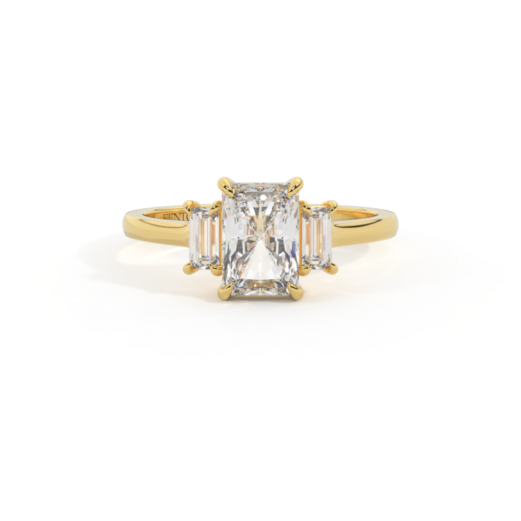 Naturally Mined Diamond Trilogy Radiant Cut Diamond 18k Yellow Gold Ring with Baguette Accents