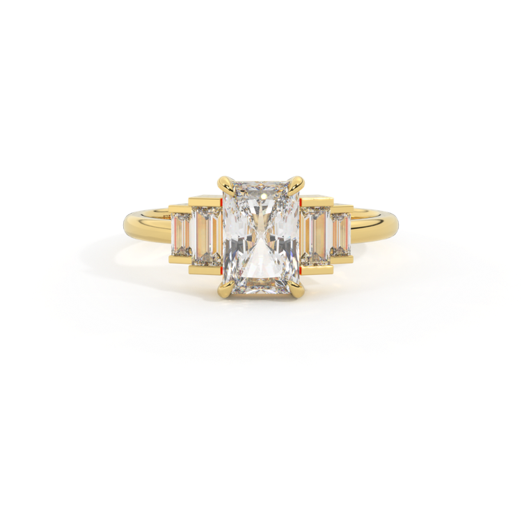 Lab Grown Diamond Trilogy Radiant Cut Diamond 18k Yellow Gold Ring with Double Baguette Accents