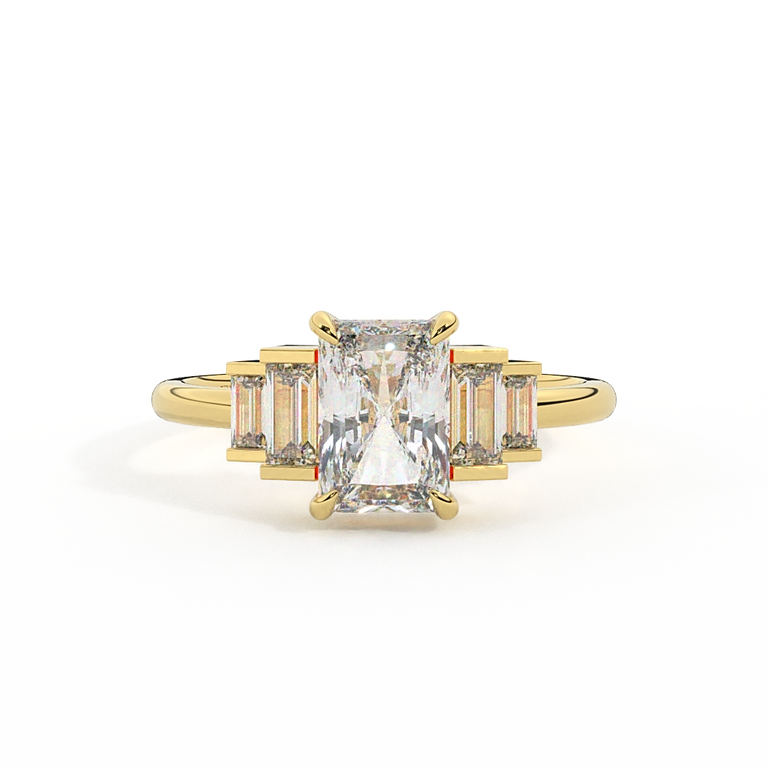 Lab Grown Diamond Trilogy Radiant Cut Diamond 18k Yellow Gold Ring with Double Baguette Accents