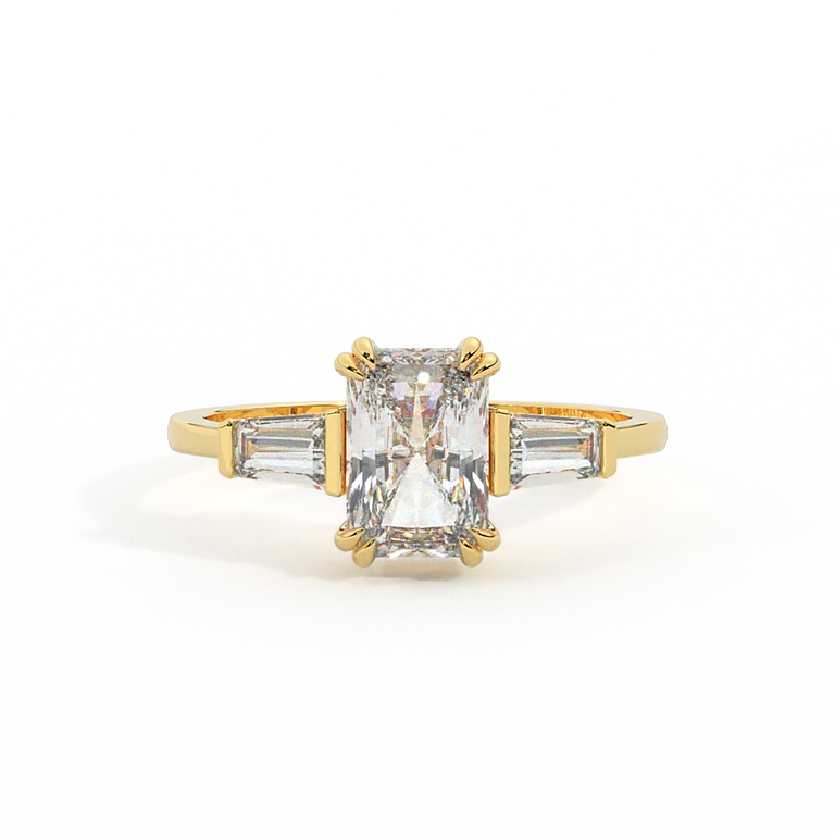 Lab Grown Diamond Trilogy Radiant Cut Diamond 18k Yellow Gold Ring with Tapered Baguette Accents