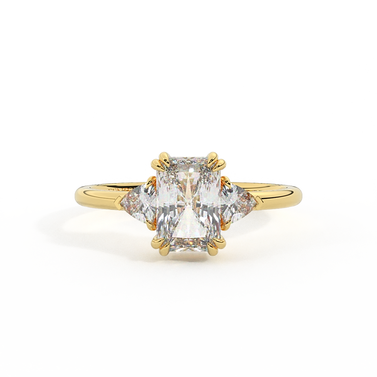 Lab Grown Diamond Trilogy Radiant Cut Diamond 18k Yellow Gold Ring with Trillion Accents