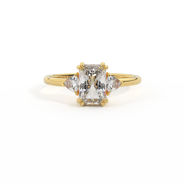Lab Grown Diamond Trilogy Radiant Cut Diamond 18k Yellow Gold Ring with Trillion Accents