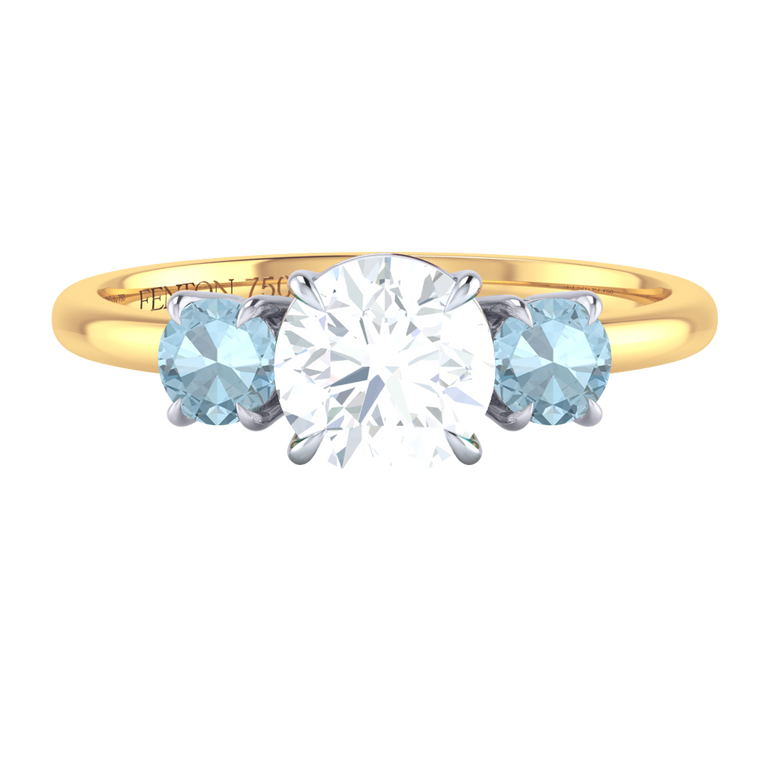 Lab Grown Solar Diamond Trilogy Round Cut Diamond and Aquamarine 18k Yellow Gold Ring