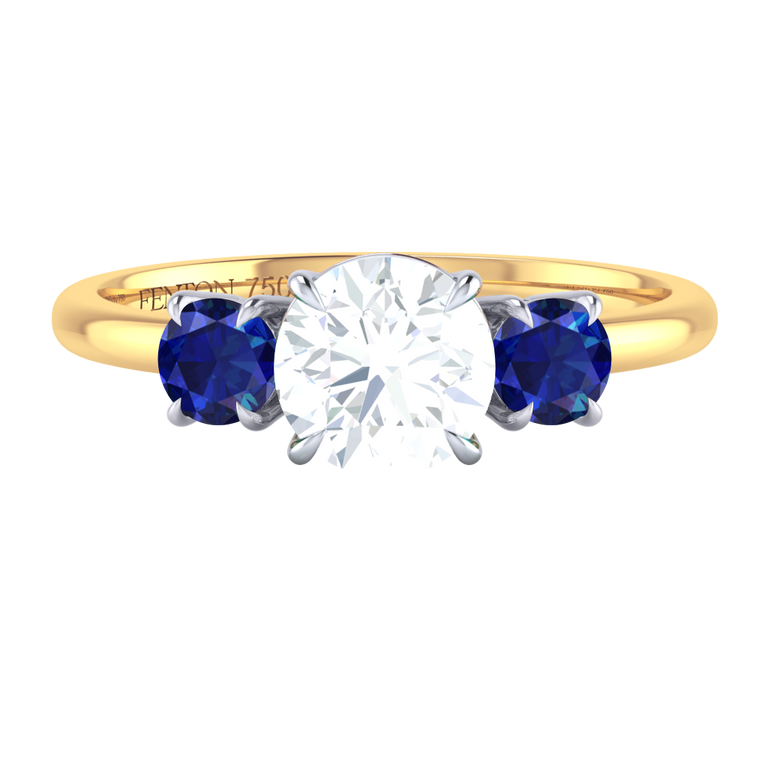 Naturally Mined Diamond Trilogy Round Cut Diamond and Blue Sapphire 18k Yellow Gold Ring