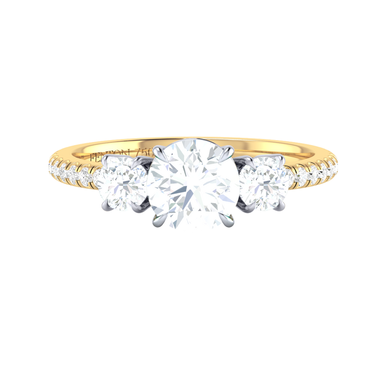 Naturally Mined Diamond Trilogy 18K Yellow Gold Ring (Diamond Pavé) (GIA 6455414265)