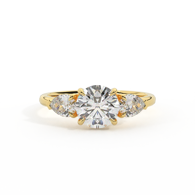 Lab Grown Diamond Trilogy Round Cut Diamond 18k Yellow Gold Ring with Pear Accents
