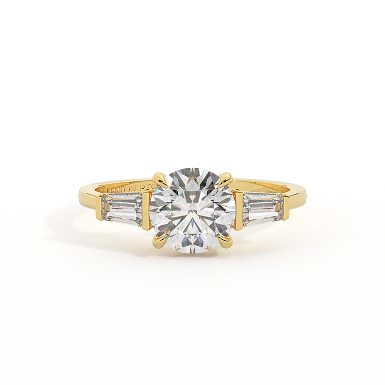 Lab Grown Diamond Trilogy Round Cut Diamond 18k Yellow Gold Ring with Tapered Baguette Accents