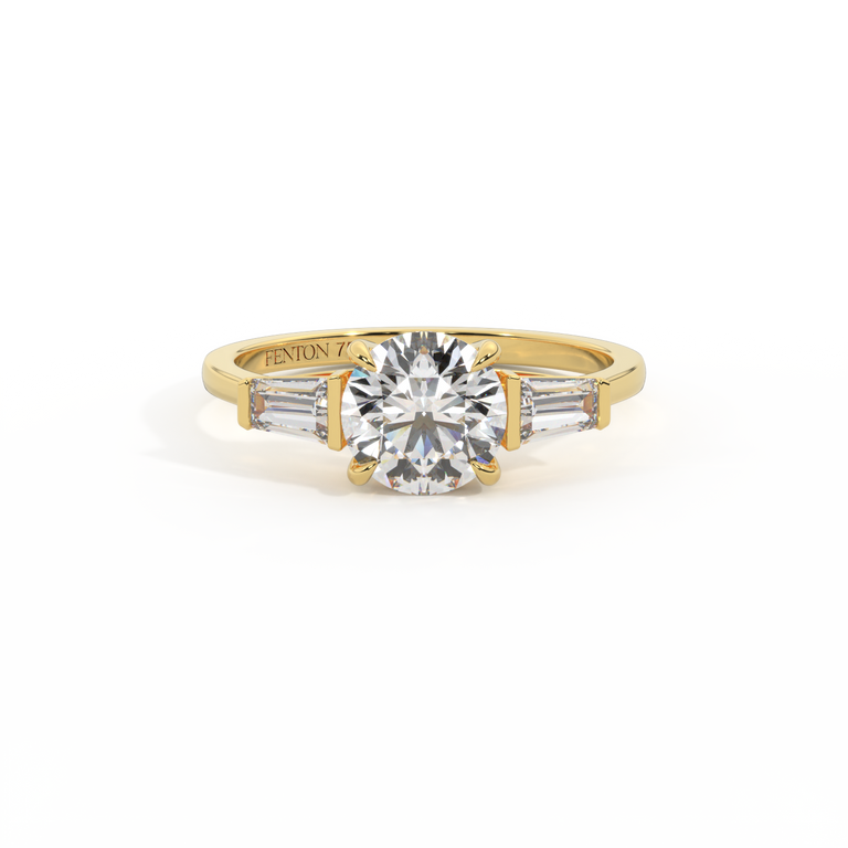 Naturally Mined Diamond Trilogy Round Cut Diamond 18k Yellow Gold Ring with Tapered Baguette Accents