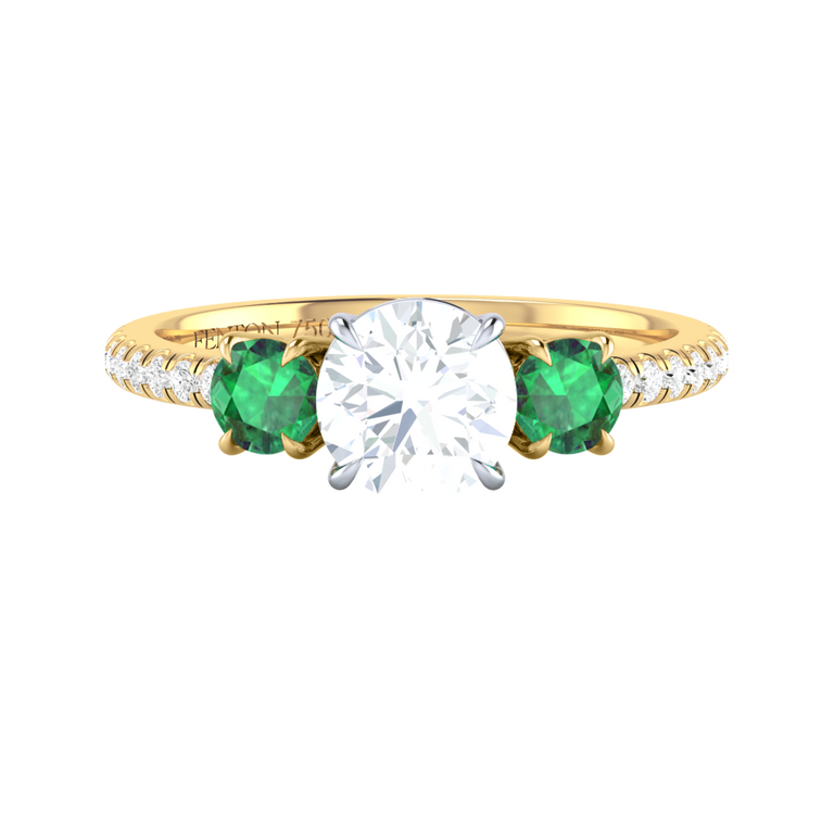 Naturally Mined Diamond Trilogy 18K Yellow Gold Ring (Diamond Pavé) (GIA 6445627722)