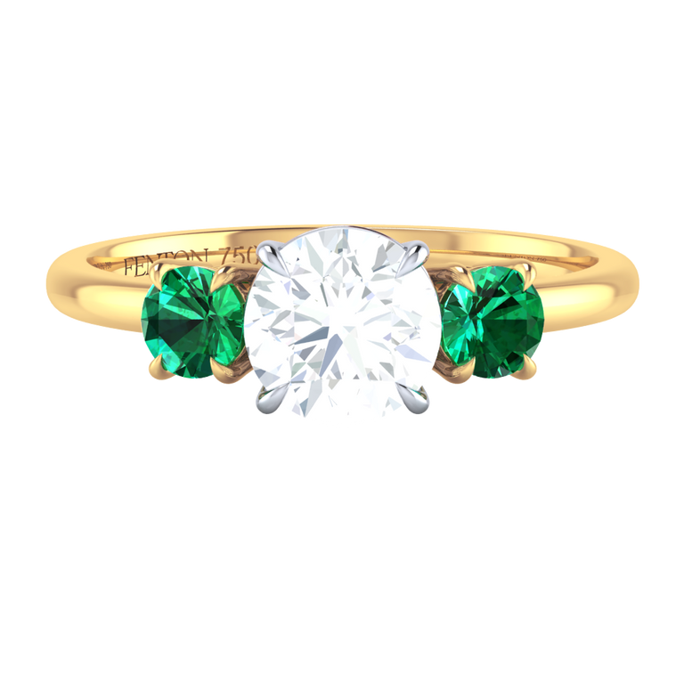 Naturally Mined Diamond Trilogy Round Cut Diamond and Emerald 18k Yellow Gold Ring