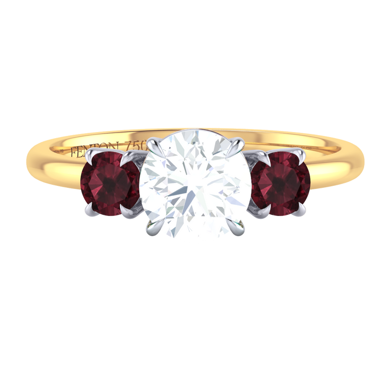 Lab Grown Diamond Trilogy Round Cut Diamond and Garnet 18k Yellow Gold Ring