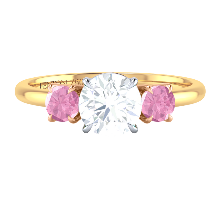 Naturally Mined Diamond Trilogy Round Cut Diamond and Pink Sapphire 18k Yellow Gold Ring