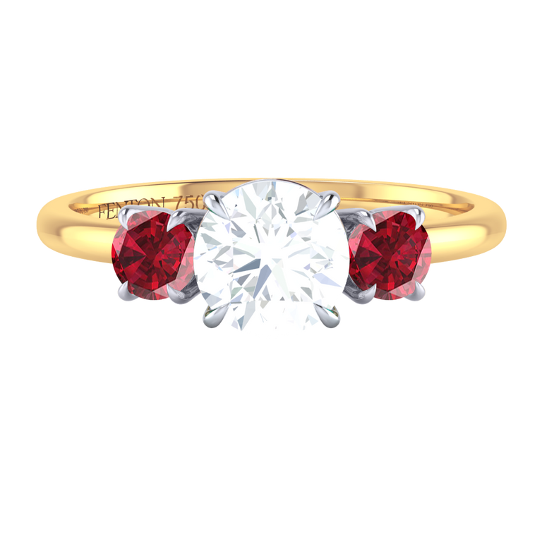 Naturally Mined Diamond Trilogy Round Cut Diamond and Ruby 18k Yellow Gold Ring