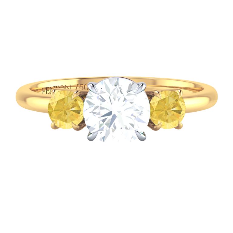 Naturally Mined Diamond Trilogy Round Cut Diamond and Yellow Sapphire 18k Yellow Gold Ring