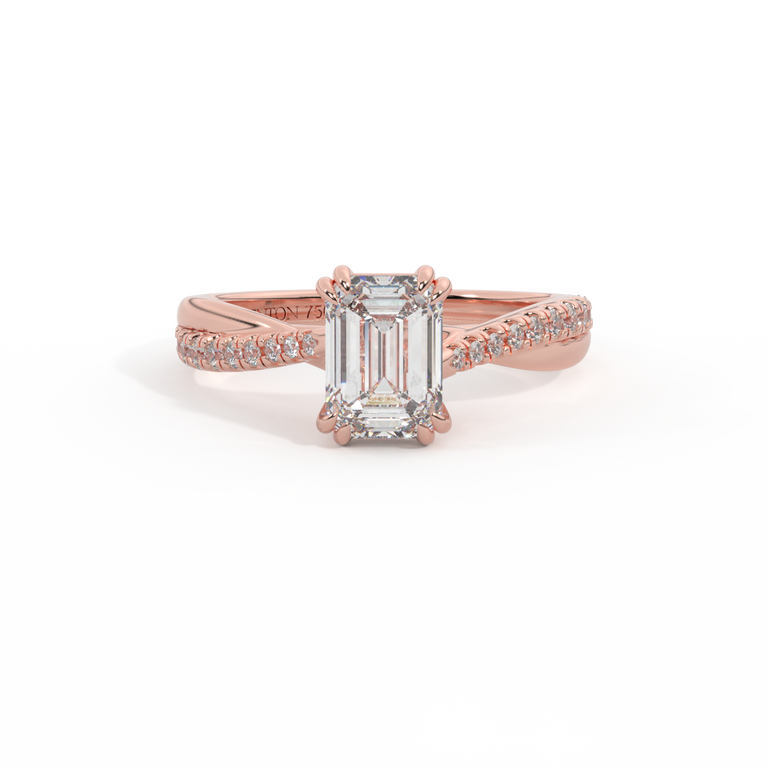 Naturally Mined Diamond Twisted Solitaire Emerald Cut 18k Rose Gold Ring