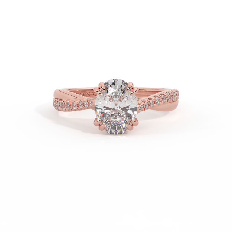 Naturally Mined Diamond Twisted Solitaire Oval Cut 18k Rose Gold Ring