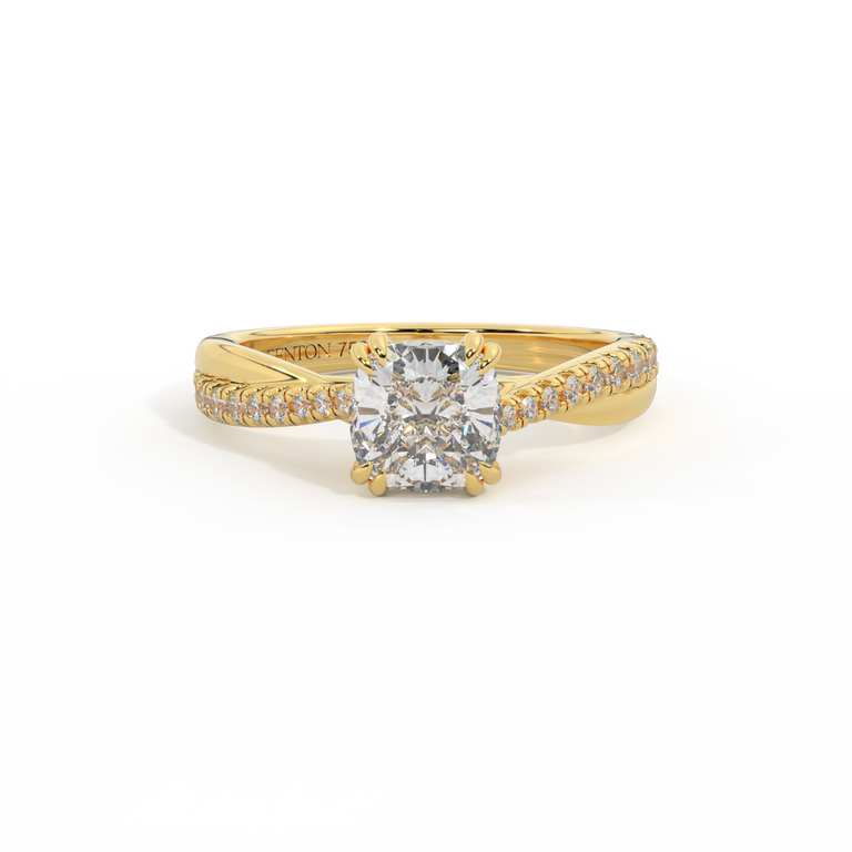 Lab Grown Diamond Twisted Solitaire Cushion Cut 18k Yellow Gold Ring