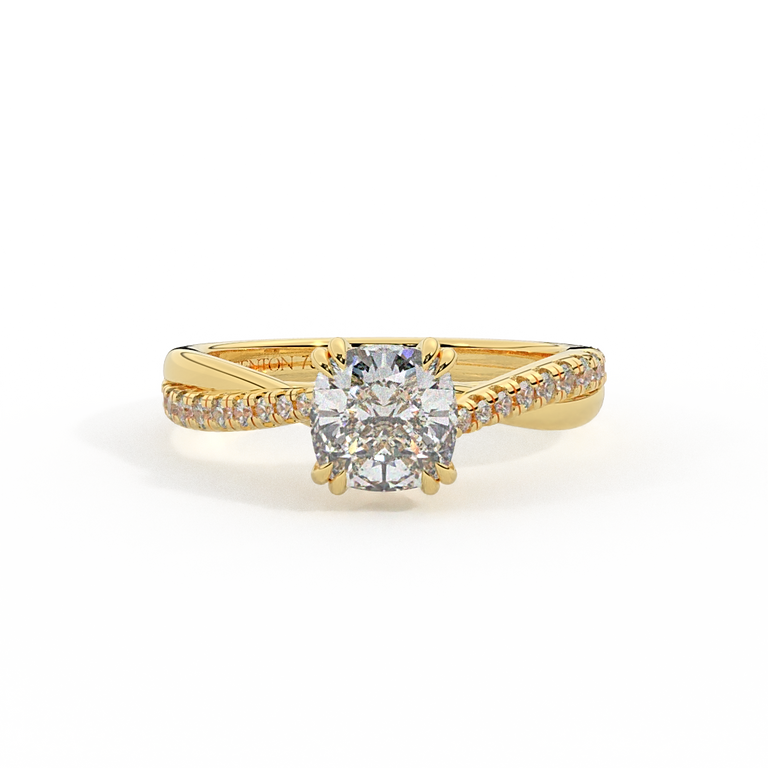 Lab Grown Diamond Twisted Solitaire Cushion Cut 18k Yellow Gold Ring