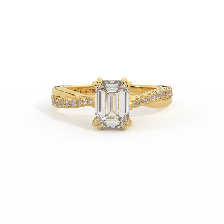 Naturally Mined Diamond Twisted Solitaire Emerald Cut 18k Yellow Gold Ring
