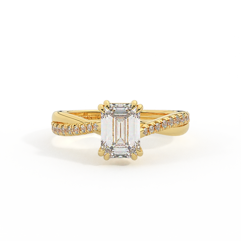 Lab Grown Diamond Twisted Solitaire Emerald Cut 18k Yellow Gold Ring