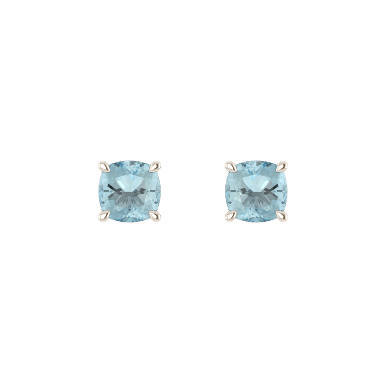 Treasure Box Solitaire Stud Aquamarine Round Earrings 18K White Gold