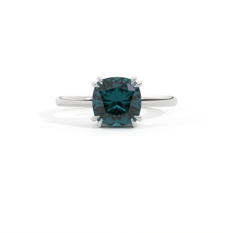 Solitaire Cushion Teal Sapphire Platinum Ring
