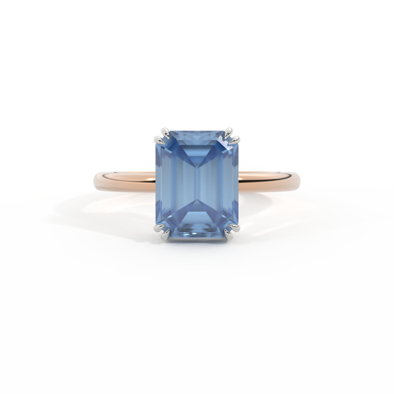 Solitaire Emerald Blue Sapphire 18K Rose Gold Ring