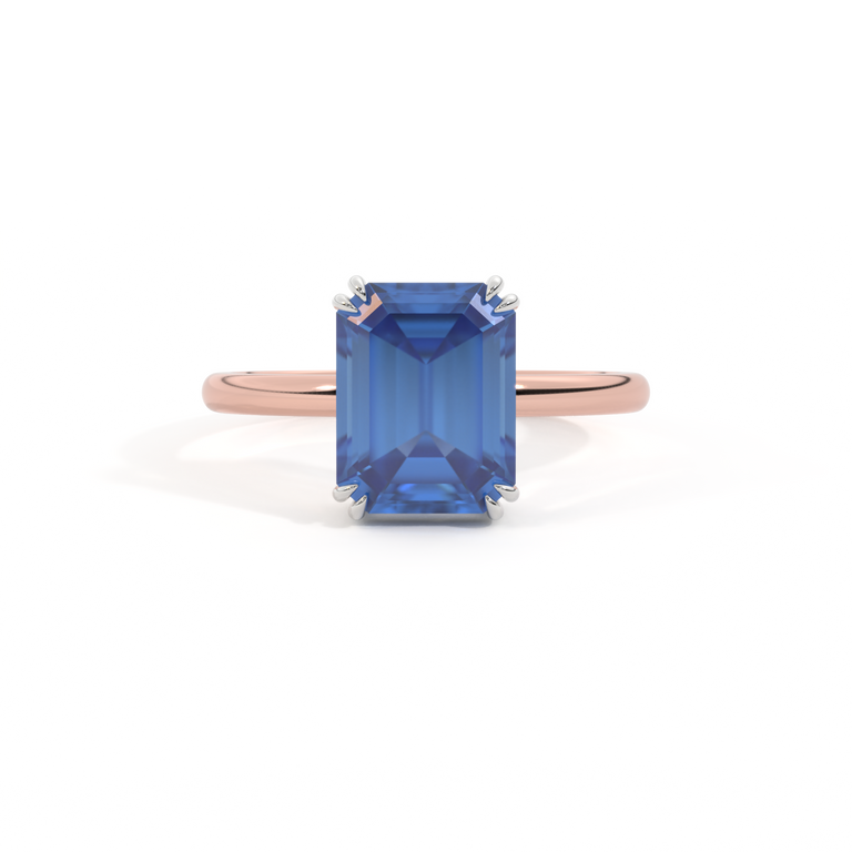 Solitaire Emerald Blue Sapphire 18K Rose Gold Ring