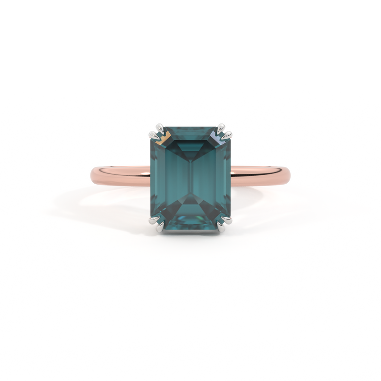 Solitaire Emerald Teal Sapphire 18K Rose Gold Ring