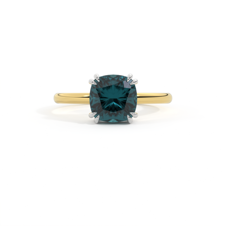 Solitaire Cushion Teal Sapphire 18K Yellow Gold Ring