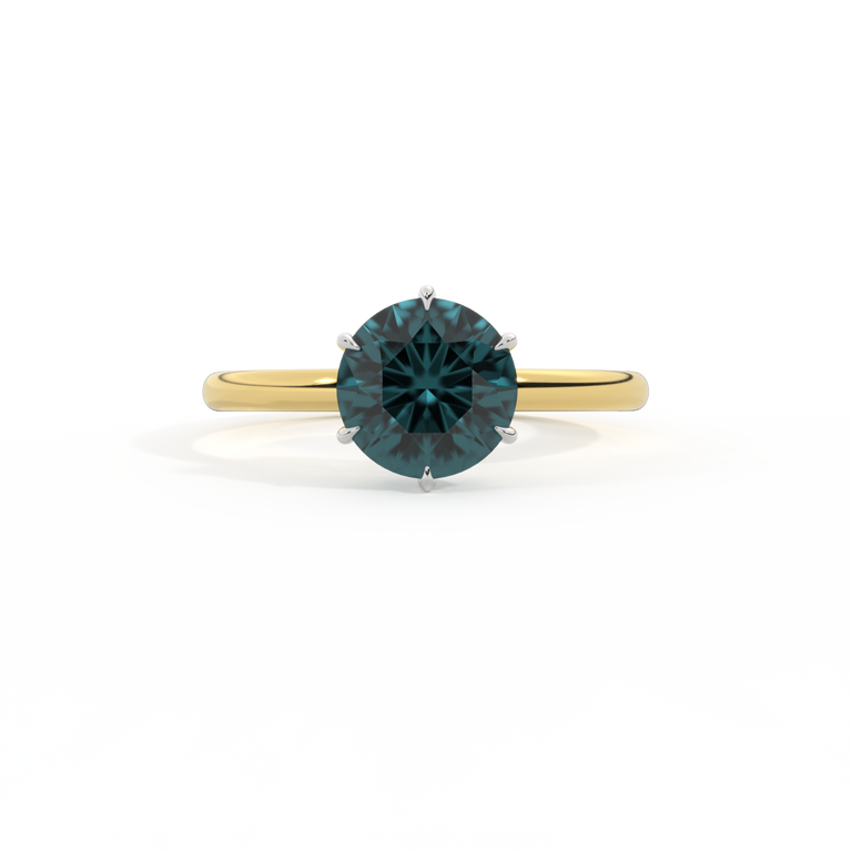 Solitaire Round Teal Sapphire 18K Yellow Gold Ring