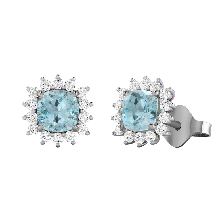 Star Stud Cushion Aquamarine 18K White Gold Earrings