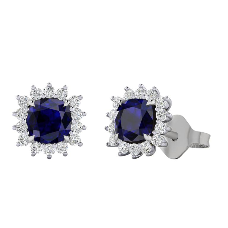 Star Stud Cushion Blue Sapphire 18K White Gold Earrings