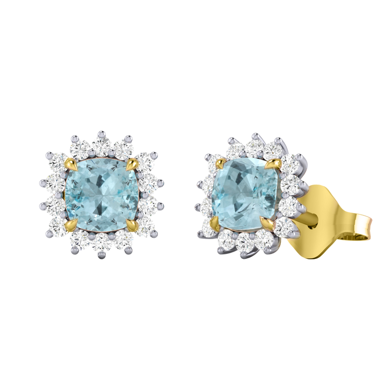 Star Stud Cushion Aquamarine 18K Yellow Gold Earrings