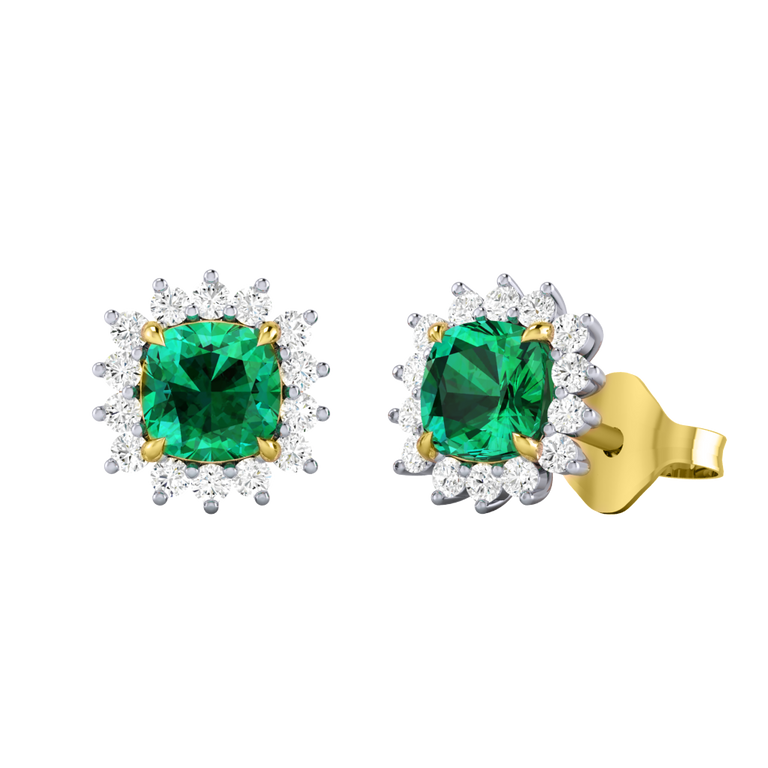 Star Stud Cushion Emerald 18K Yellow Gold Earrings