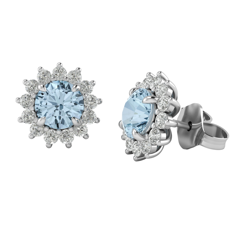 Star Stud Round Aquamarine 18K White Gold Earrings
