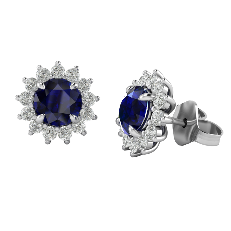 Star Stud Round Blue Sapphire 18K White Gold Earrings