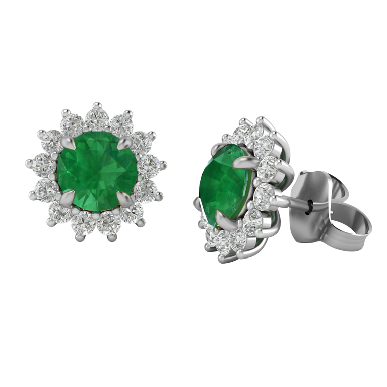 Star Stud Round Emerald 18K White Gold Earrings