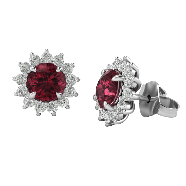 Star Stud Round Garnet 18K White Gold Earrings