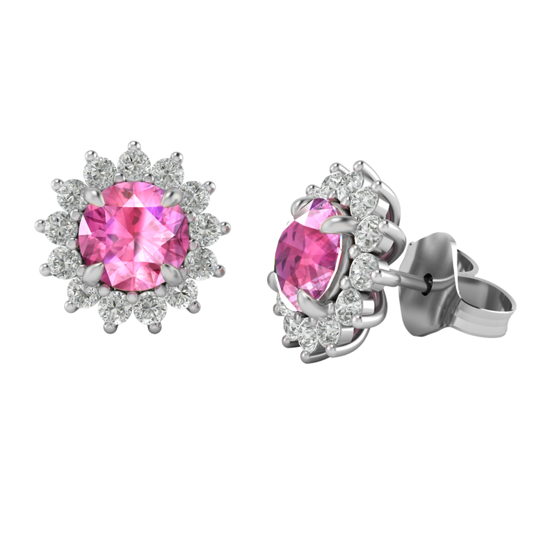 Star Stud Round Pink Sapphire 18K White Gold Earrings