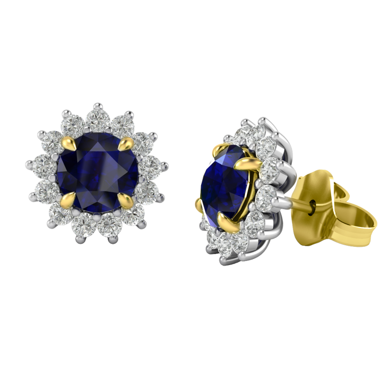 Star Stud Round Blue Sapphire 18K Yellow Gold Earrings
