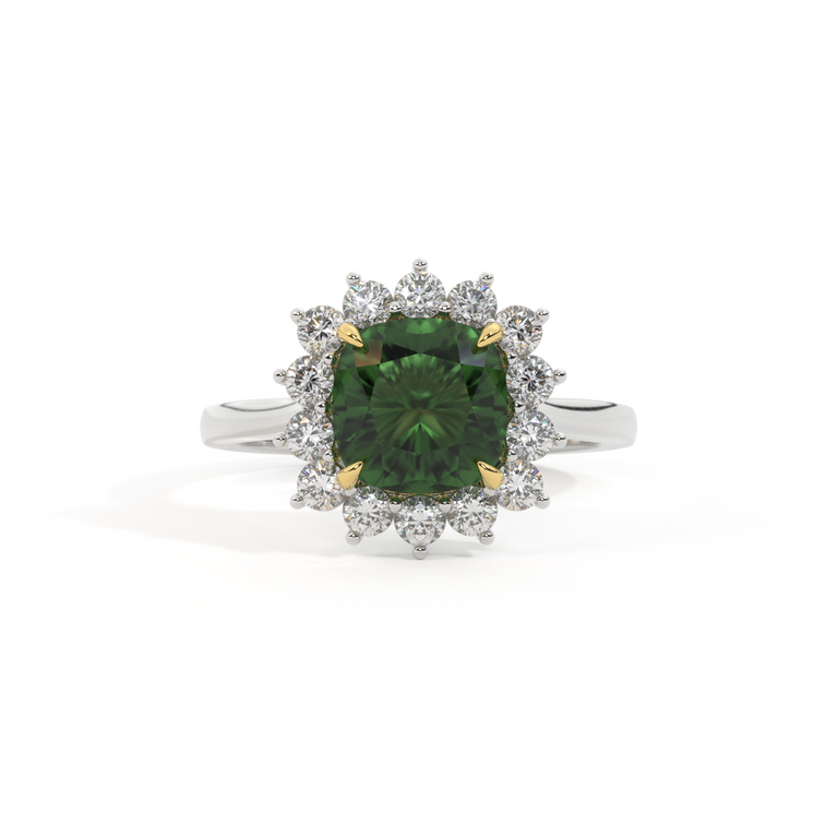 Star Cushion Green Sapphire Platinum Ring