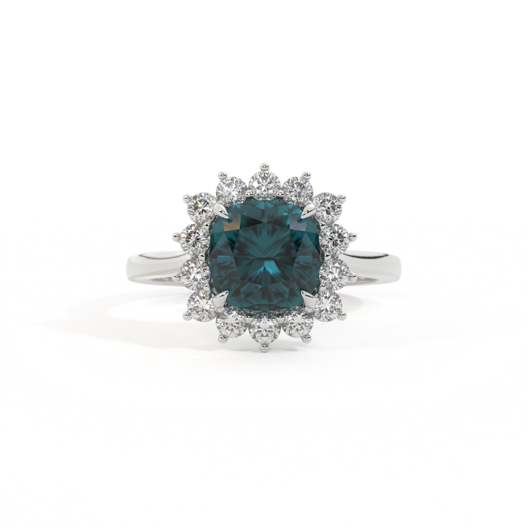 Star Cushion Teal Sapphire Platinum Ring