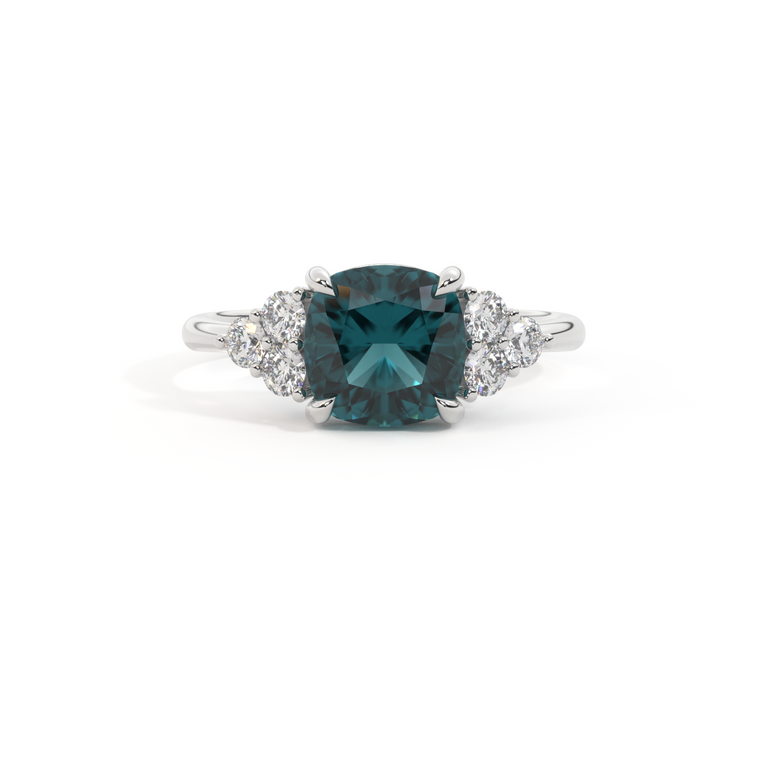 Trefoil Cushion Teal Sapphire Platinum Ring