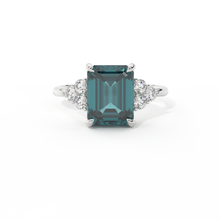 Trefoil Emerald Teal Sapphire Platinum Ring